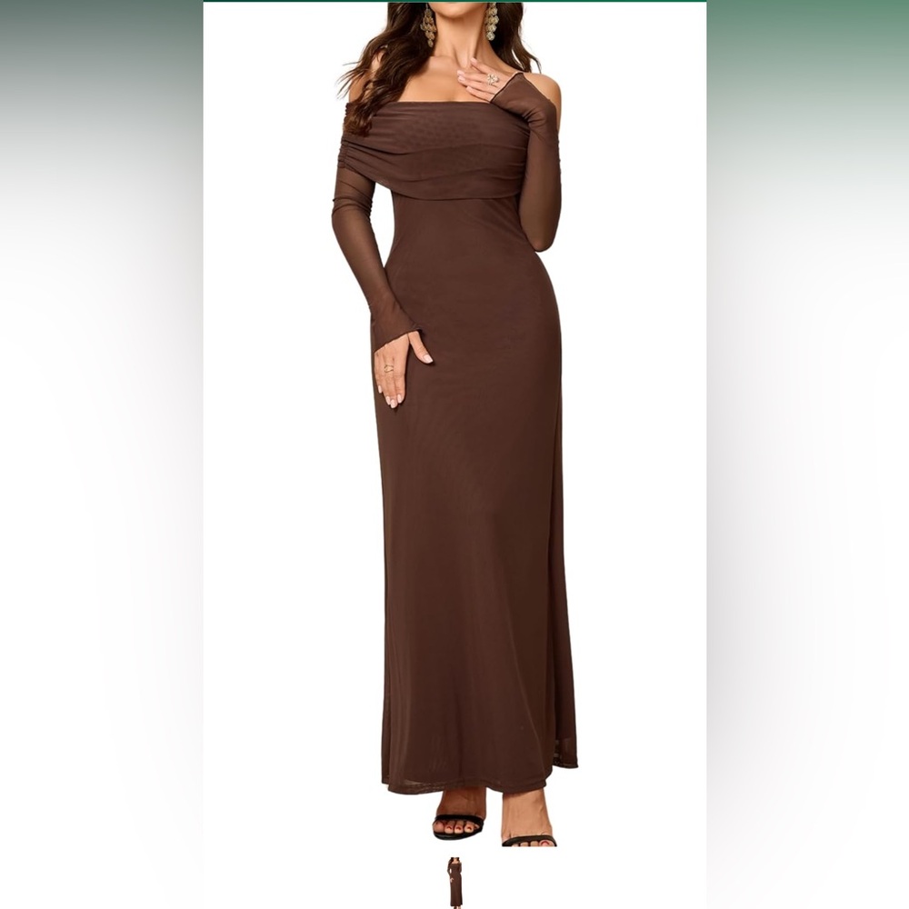 Colysmo Women Long Sleeve Mesh Off Shoulder Bodycon Maxi Dress Formal